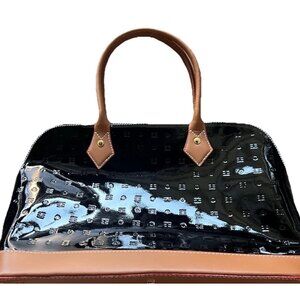 ARCADIA Italy Black Patent & Tan Leather Large Shoulder Handbag Purse Satchel